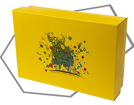 Dzeltena kaste ar rokturi un vērša ilustrāciju